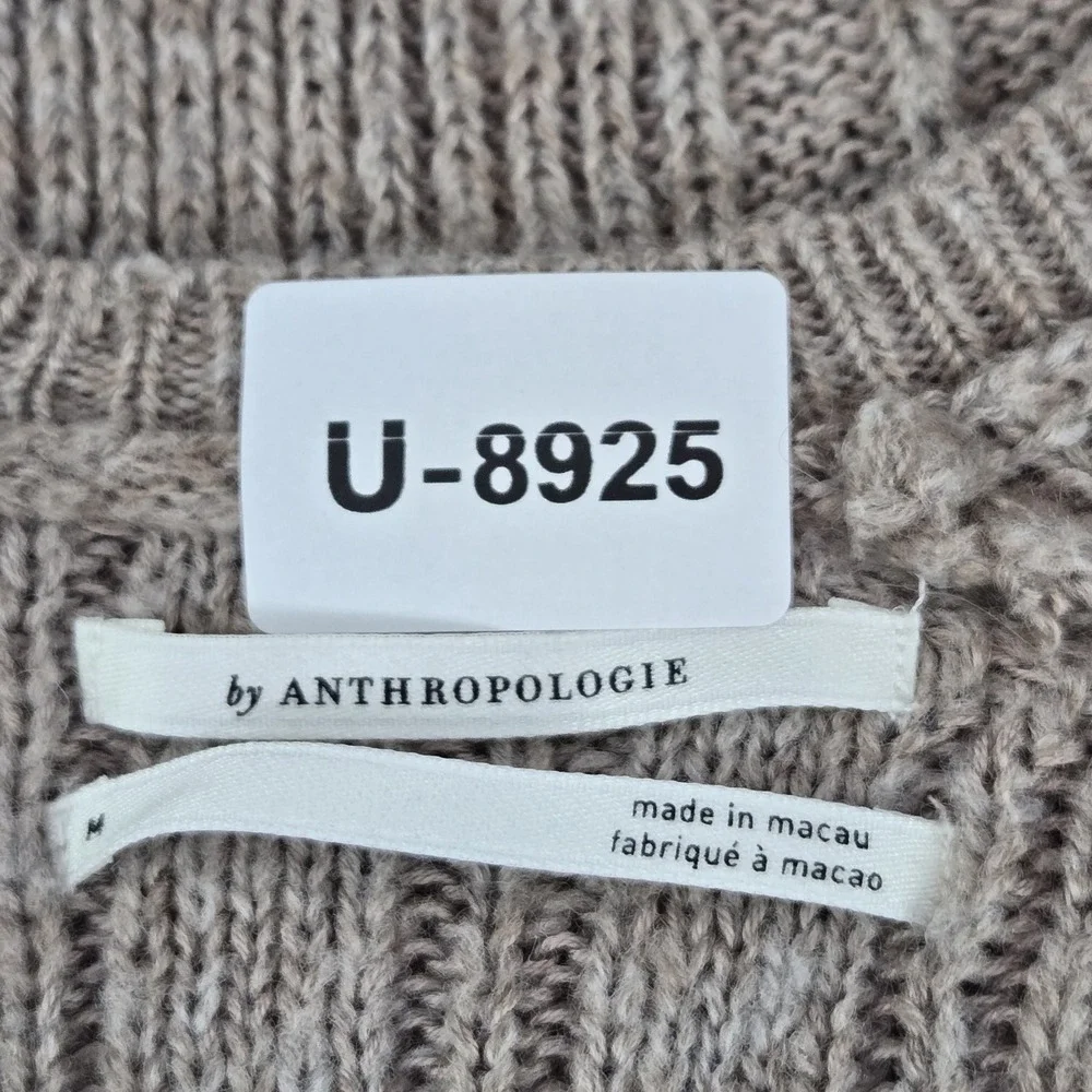 Anthropologie Women Sweater M Taupe‎ Wool Blend Pointelle Geometric Ruffle